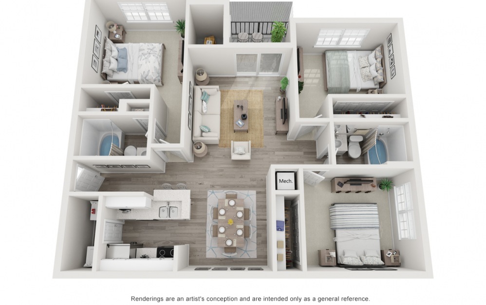 The Queen - 3 bedroom floorplan layout with 2 baths and 1298 square feet.