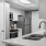  A modern kitchen with a stainless steel refrigerator and a white countertop.